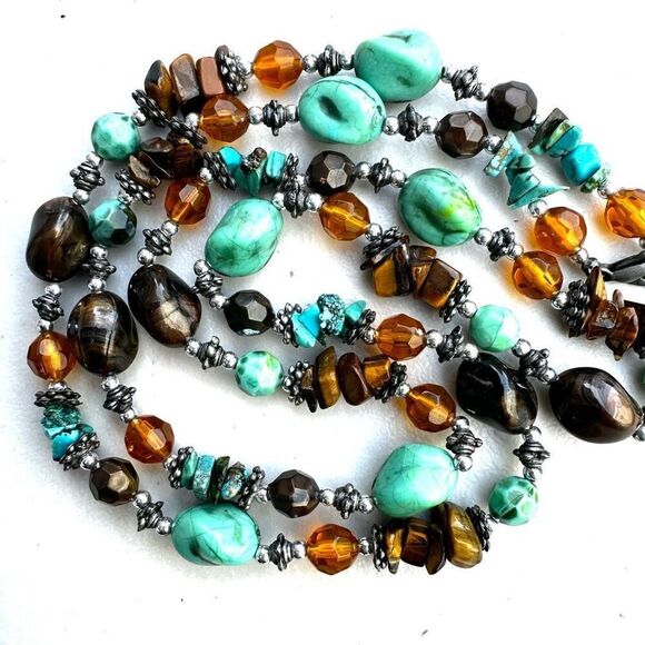 Turquoise and tiger eye long beaded necklace - Picture 3 of 7